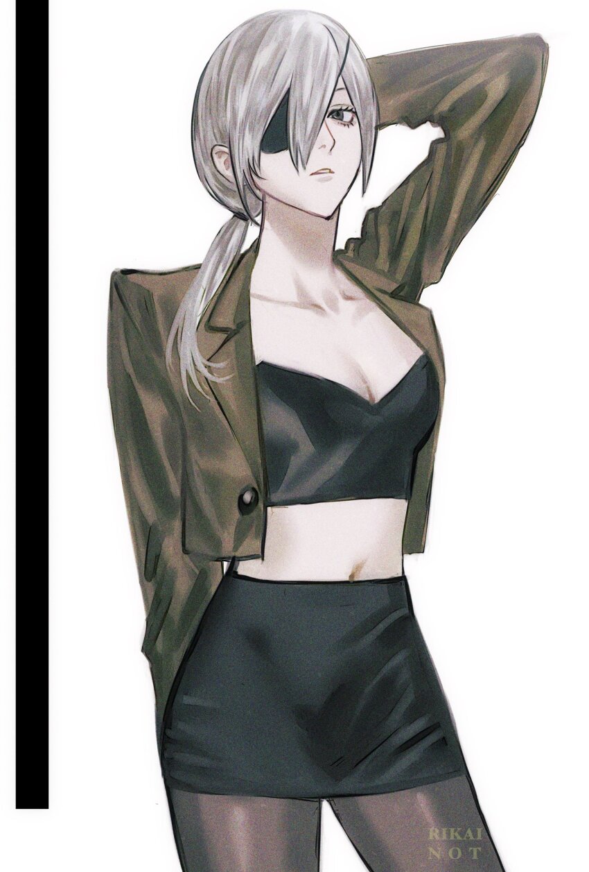1girl arm_behind_back arm_behind_head artist_name black_bra black_ribbon black_skirt black_sports_bra blazer bra breasts brown_coat brown_pantyhose chainsaw_man cleavage coat collarbone collared_coat crop_top eyepatch grey_eyes grey_hair hair_between_eyes hair_over_shoulder hair_ribbon highres jacket long_hair looking_at_viewer low_ponytail mature_female midriff midriff_peek miniskirt navel one_eye_covered pantyhose parted_lips ponytail quanxi_(chainsaw_man) ribbon rikainot sidelocks signature skirt solo sports_bra strapless strapless_bra thighs underwear white_background