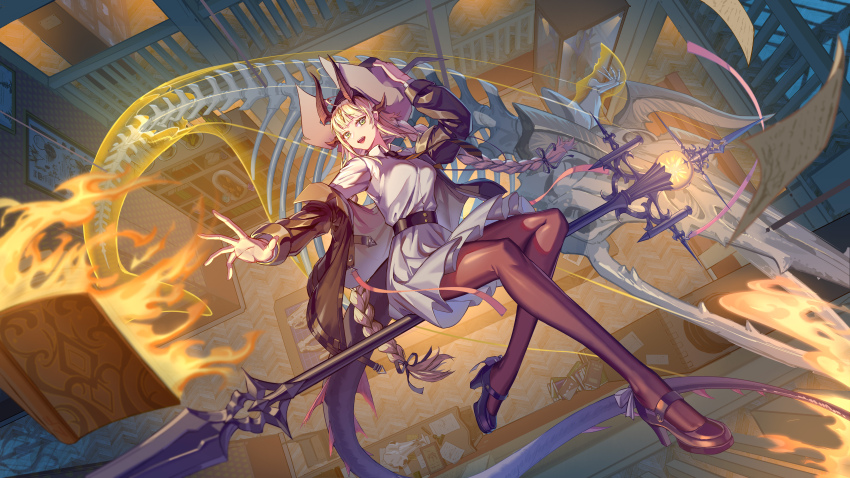 1girl absurdres adjusting_clothes adjusting_headwear animal_skeleton arknights arm_up black_bow black_hat black_horns black_jacket black_necktie black_pantyhose blonde_hair book bookshelf bow braid collared_shirt dragon_girl dragon_horns dragon_tail flame-tipped_tail green_eyes hair_ornament hat highres horns indoors jacket long_hair long_sleeves looking_at_viewer multiple_horns necktie official_alternate_costume open_clothes open_jacket open_mouth pantyhose reaching reaching_towards_viewer reed_(arknights) reed_the_flame_shadow_(arknights) reed_the_flame_shadow_(curator)_(arknights) shirt skirt solo staff_riding tail teeth twin_braids upper_teeth_only white_shirt white_skirt wing_collar witch_hat zangfang