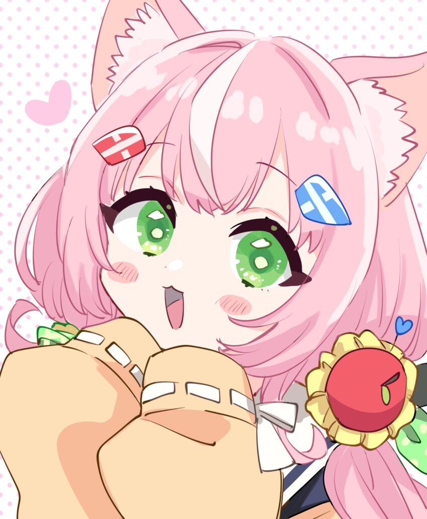 1girl :3 animal_ears apple_hair_ornament blush_stickers cardigan cat_ears cat_girl commentary_request food-themed_hair_ornament green_eyes hair_ornament hairclip heart highres long_hair looking_at_viewer multicolored_hair nijisanji nijisanji_kr open_mouth pink_hair polka_dot polka_dot_background pushpin sailor_collar sleeves_past_fingers sleeves_past_wrists smile solo streaked_hair sukoyaka_(100hituzi) twintails two-tone_hair virtual_youtuber white_sailor_collar yang_nari yang_nari_(1st_costume) yellow_cardigan