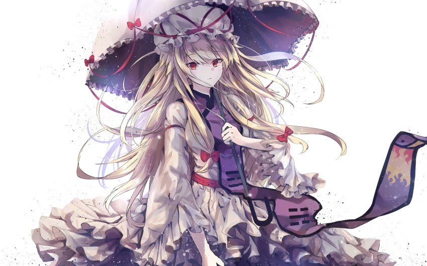 1girl blonde_hair bow closed_mouth commentary cowboy_shot dress dx7537 english_commentary expressionless flame_print hair_bow hat highres holding holding_umbrella long_hair long_sleeves mob_cap purple_tabard red_bow red_eyes red_ribbon ribbon simple_background solo tabard touhou trigram umbrella very_long_hair white_background white_dress white_hat wide_sleeves yakumo_yukari yin_yang yin_yang_print