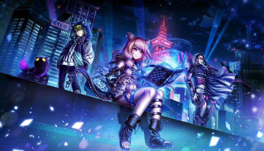 1girl 2boys black_hair book braid cape cone_hair_bun double_bun floating floating_book floating_object gotanda_yutaka green_eyes green_hair hair_bun highres hood hood_up kohinata_koishi long_hair midriff multi-tied_hair multiple_boys navel non-web_source official_art pink_eyes pink_hair reading semba_tsuruko sitting smile sunglasses tribe_nine twin_braids