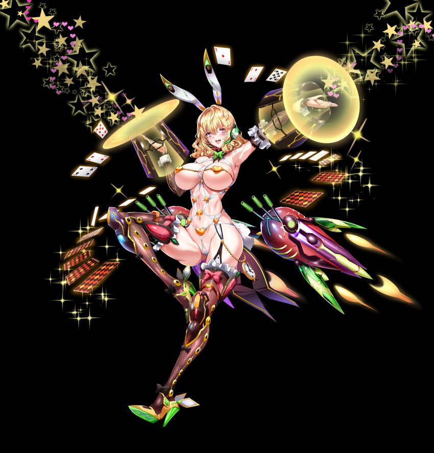 1girl absurdres ace_(playing_card) ace_of_diamonds animal_ears black_background blonde_hair breasts card chinese_commentary covered_navel diamond_(shape) eight_of_clubs fake_animal_ears fishnet_thighhighs fishnets floating four_of_spades full_body high_heels highres large_breasts leotard long_hair looking_at_viewer magic open_mouth original outstretched_arm playboy_bunny playing_card purple_eyes q_azieru rabbit_ears revealing_clothes seven_of_hearts shoes simple_background solo standing standing_on_one_leg star_(symbol) thighhighs two_of_diamonds two_of_hearts variant_set yellow_shoes