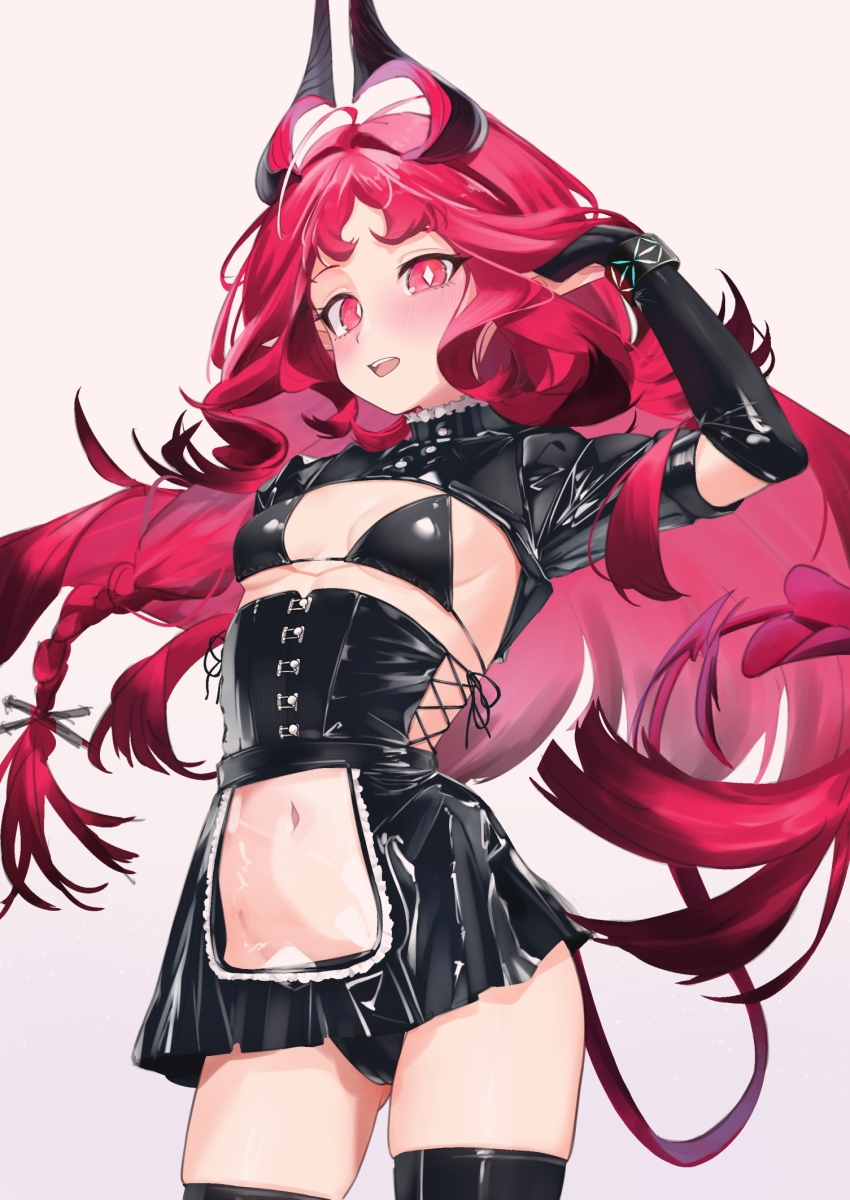 1girl alternate_costume arknights bikini black_bikini black_corset black_gloves black_skirt black_thighhighs breasts cleavage clothing_cutout corset cropped_legs elbow_gloves gloves highres horns latex long_hair looking_at_viewer navel_cutout nymph_(arknights) open_mouth pink_background pink_eyes pink_hair simple_background skirt small_breasts smile solo standing swimsuit teeth thighhighs upper_teeth_only variant_set yakurope-moko