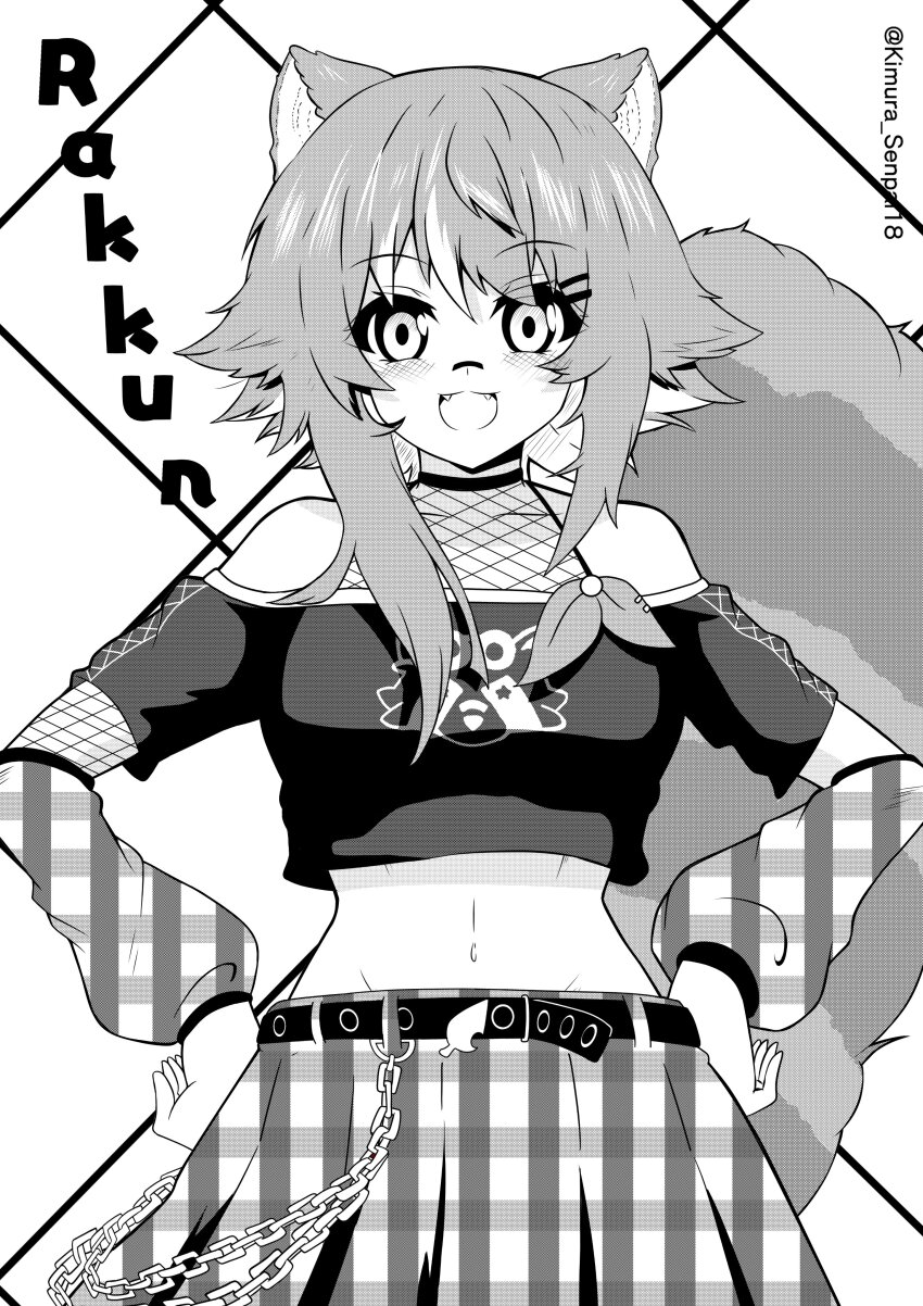 1girl :d absurdres animal_ears asymmetrical_sidelocks bandaid bandaid_on_face bandaid_on_nose bare_shoulders belt blush character_name commentary cropped_shirt fangs fishnet_top fishnets greyscale grid_background hair_ornament hairclip halterneck hands_on_own_hips highres kimurasenpai leaf linea_alba looking_at_viewer midriff monochrome navel off-shoulder_shirt off_shoulder open_mouth owozu plaid_arm_warmers plaid_clothes plaid_skirt pleated_skirt raccoon_ears raccoon_tail rakkun_sutaru rakkun_sutaru_(3rd_costume) shirt short_hair skirt smile spanish_commentary stomach straight-on striped_tail tail twitter_username unmoving_pattern virtual_youtuber wallet_chain
