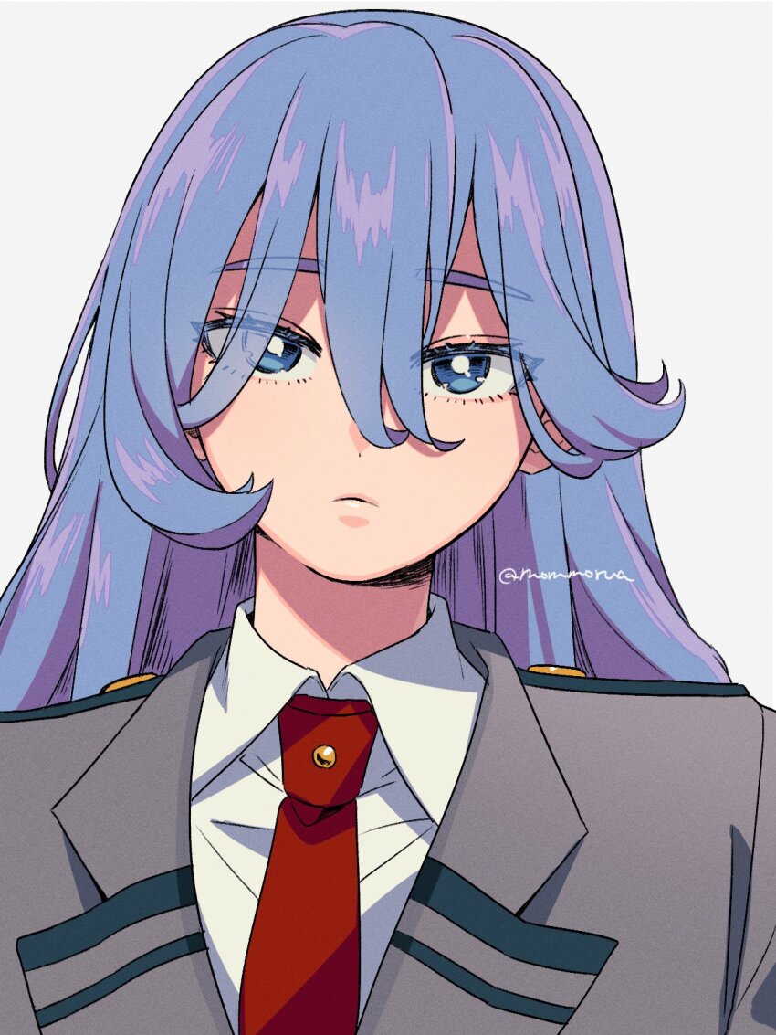 1girl alternate_hairstyle blazer blue_eyes blue_hair boku_no_hero_academia closed_mouth collared_shirt expressionless facing_viewer grey_jacket hado_nejire highres jacket long_hair looking_at_viewer mommorua necktie red_necktie school_uniform shirt simple_background solo u.a._school_uniform white_background white_shirt