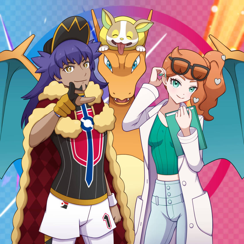 1boy 1girl absurdres argyle baseball_cap black_shirt cape champion_uniform charizard closed_mouth commentary_request dark-skinned_male dark_skin eyewear_on_head facial_hair fur-trimmed_cape fur_trim gen_1_pokemon gen_8_pokemon gloves green_eyes green_nails green_shirt hair_ornament hand_up hat heart heart_hair_ornament highres leggings leon_(pokemon) long_hair looking_at_viewer nail_polish nintendo orange_hair pants partially_fingerless_gloves pointing pokemon pokemon_(creature) pokemon_swsh purple_hair red_cape ribbed_shirt shield_print shirt shorts side_ponytail single_glove smile sonia_(pokemon) sunglasses sword_print white_leggings white_shorts yamper yellow_eyes yuu_(jgvj7873)