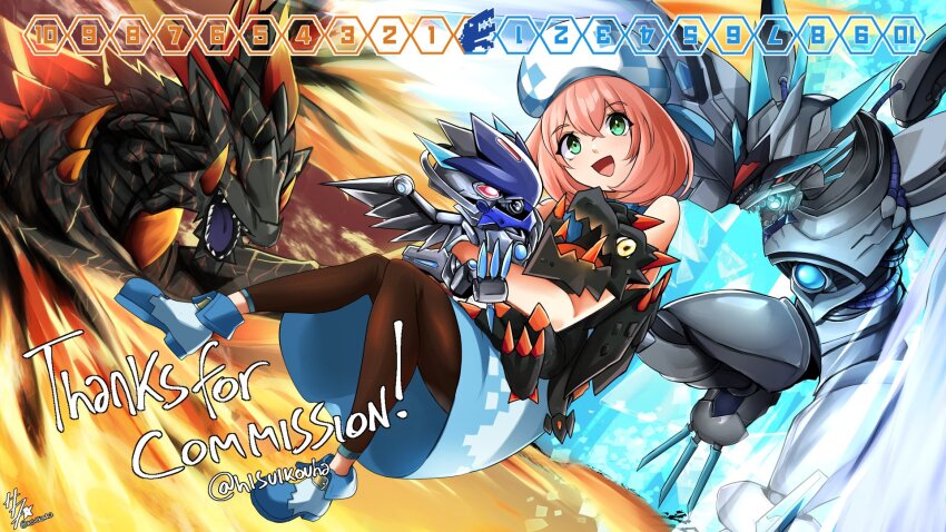 1girl black_leggings black_skin blue_dress colored_skin commission digimon digimon_(creature) digimon_card_game digimon_linkz dragon dress evolutionary_line extra_mouth full_body grey_skin hat highres hisuikouha hug jazamon kurihara_hina leggings metallicdramon non-humanoid_robot open_mouth pink_hair robot robot_dragon short_hair v-shaped_eyebrows volcanicdramon vorvomon white_dress white_hat