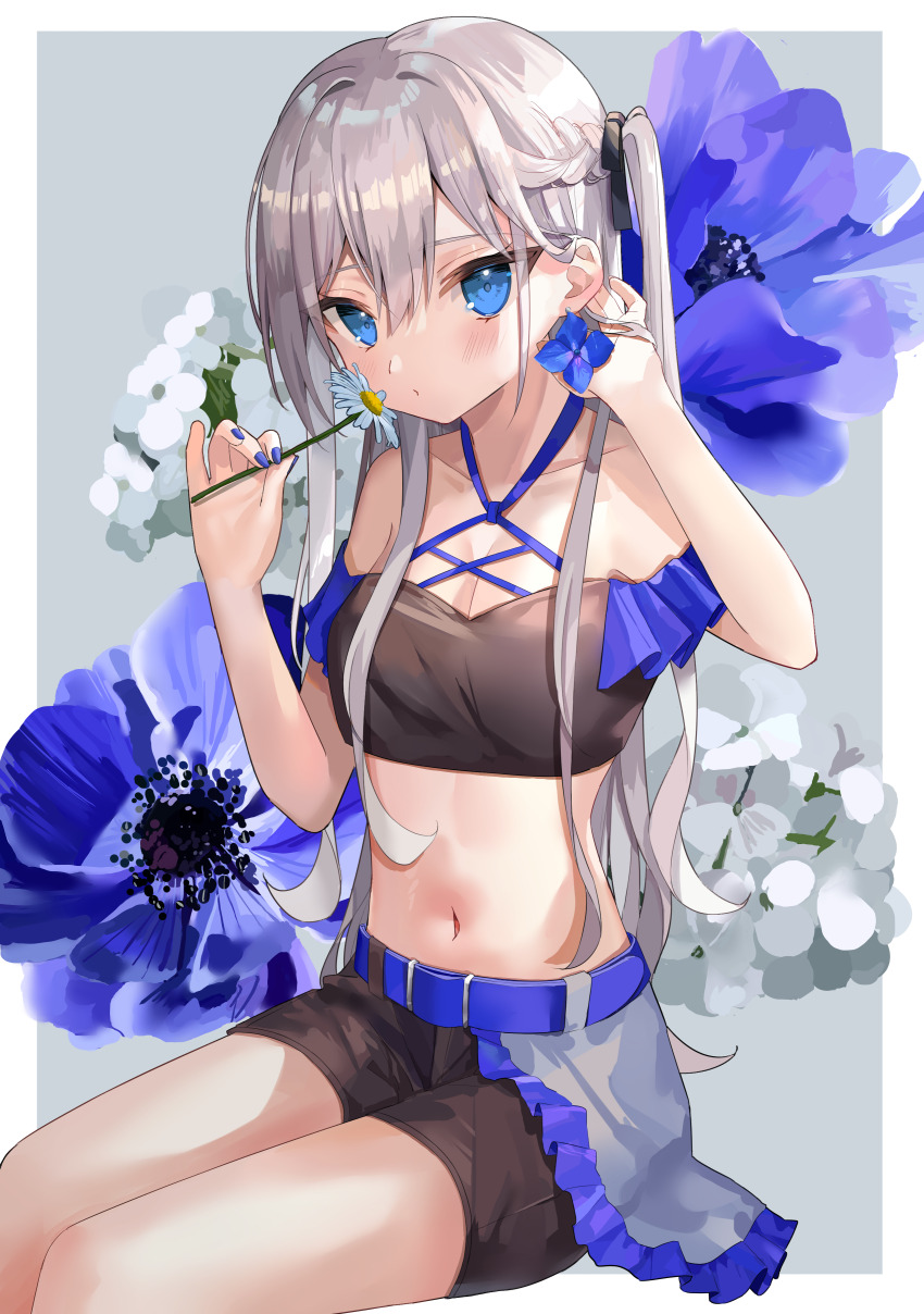 1girl absurdres bare_shoulders black_shirt black_shorts blue_eyes braid breasts cleavage commentary crop_top flower hair_ribbon halterneck hands_up highres holding long_hair looking_at_viewer medium_breasts midriff navel original ribbon shirt short_shorts shorts sinobi_illust sitting solo stomach thighs twintails white_flower white_hair