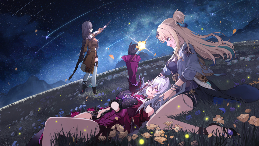 3girls black_dress black_footwear black_gloves black_shorts blonde_hair breasts brown_coat brown_hair coat dress entropy_(honkai_impact_3rd) female_dreamseeker_(honkai_impact) gloves hair_intakes hand_in_another&#039;s_hair high_heels highres honkai_(series) honkai_impact_3rd jacket long_braid long_hair looking_at_another lying medium_breasts micro_shorts multiple_girls muyinxia night night_sky on_back on_grass purple_eyes red_shirt shirt shorts sitting sky smile songque songque_(astralop) thelema_nutriscu thelema_nutriscu_(mad_pleasure:_shadowbringer) thighhighs thighs wariza white_hair white_jacket white_thighhighs yuri