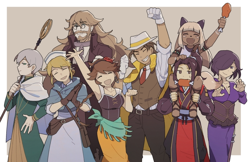 4boys 4girls agnea_bristarni aluuuuu721 animal_ears animal_nose beard blonde_hair blue_dress boned_meat breasts brown_gloves brown_hair carrying castti_florenz cleavage coat coat_on_shoulders collar dark-skinned_female dark_skin dress facial_hair fang fedora flower food glasses gloves grey_hair grin hair_flower hair_ornament hair_over_one_eye hat highres hikari_ku holding holding_staff long_hair meat metal_collar multiple_boys multiple_girls necktie nurse_cap ochette_(octopath_traveler) octopath_traveler octopath_traveler_ii osvald_v._vanstein partitio_yellowil ponytail purple_dress red_necktie shoulder_carry smile staff tail temenos_mistral throne_anguis vest white_gloves