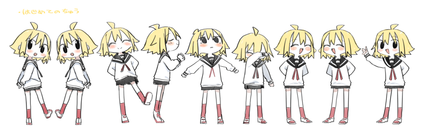 1girl ^_^ ahoge arm_behind_back arms_behind_back black_eyes black_skirt blonde_hair blush closed_eyes crying dancing frown hand_up highres kiteretsu_daihyakka kneehighs kokaki_mumose long_sleeves looking_at_viewer looking_up miniskirt multiple_views neck_ribbon null-meta outstretched_arms own_hands_clasped own_hands_together red_ribbon red_socks ribbon school_uniform serafuku shirt shoes short_hair simple_background skirt smile socks song_name spread_arms tears tiptoes uozumi_kurumi uwabaki waving white_shirt wiping_tears