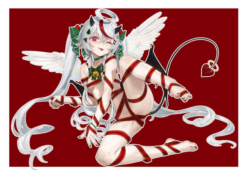 1girl ;p agemmata ahoge angel_wings arm_support barefoot bell black_wings bow breasts choker christmas commentary demon_horns demon_tail demon_wings english_commentary feathered_wings feet green_bow green_choker green_nails grey_hair hair_bow hair_ornament hair_ribbon hair_spread_out hairclip highres horns jingle_bell long_hair long_sidelocks nail_polish naked_ribbon one_eye_closed phase_connect pointy_ears red_background red_eyes red_nails red_ribbon remilia_nephys ribbon simple_background small_breasts solo tail toe_scrunch toenail_polish toenails tongue tongue_out twintails underboob very_long_hair very_long_sidelocks virtual_youtuber white_wings wings