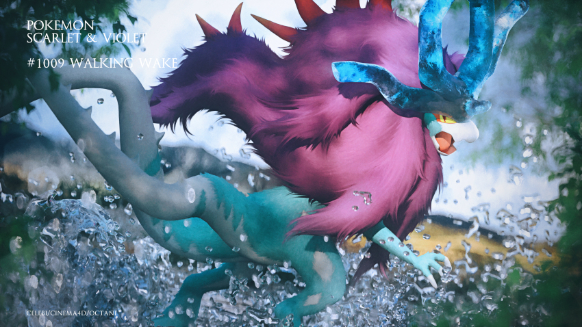 3d absurdres animal_focus artist_name blue_fur celebi350300687 character_name cinema_4d_(medium) claws colored_sclera copyright_name highres nintendo no_humans open_mouth pokedex_number pokemon pokemon_(creature) pokemon_focus purple_fur red_eyes solo splashing walking_wake water yellow_sclera
