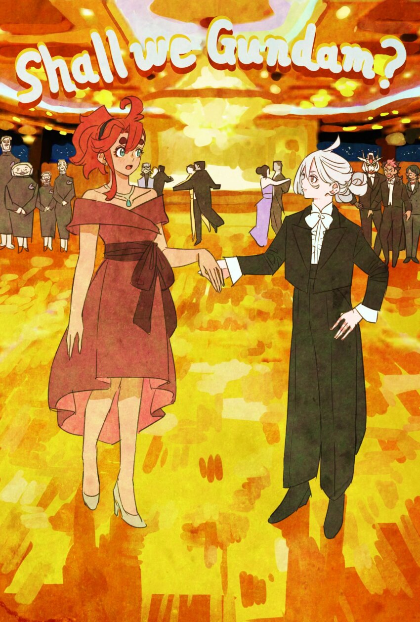 2girls ahoge black_footwear black_hairband black_jacket black_pants bow bowtie collared_shirt crowd dance_floor dancing dress full_body green_eyes grey_hair guel_jeturk gundam gundam_aerial gundam_suisei_no_majo hair_between_eyes hair_bun hairband hand_on_own_hip highres holding_hands indoors jacket jewelry lauda_neill looking_at_another miorine_rembran multiple_girls necklace off-shoulder_dress off_shoulder open_mouth pants red_dress red_hair shirt smile standing suit_jacket suletta_mercury takeuchi_ryousuke thick_eyebrows white_bow white_bowtie white_footwear white_shirt yuri