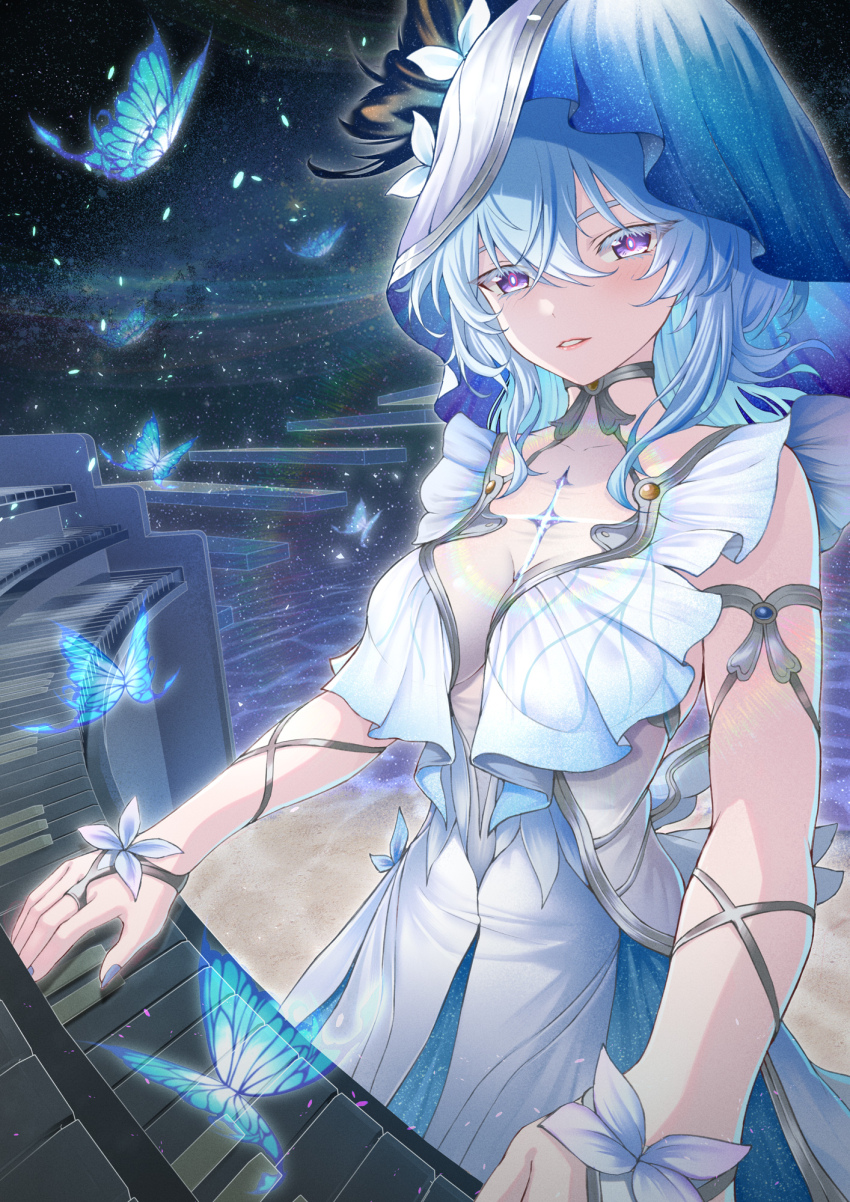 1girl agiri_(agiri_box) armlet blue_butterfly blue_hair blue_nails blue_veil breasts bug butterfly collarbone colored_eyelashes commentary dress hair_between_eyes highres insect instrument jewelry large_breasts long_hair looking_at_viewer music nail_polish parted_lips playing_instrument playing_piano purple_eyes sleeveless sleeveless_dress solo symbol-only_commentary shorekeeper_(wuthering_waves) two-tone_veil veil white_dress white_veil wuthering_waves