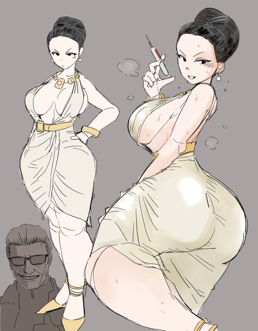 1boy 1girl absurdres ass bamman black_hair breasts calves cleavage commentary curvy dress dripping earrings english_commentary excella_gionne frown grey_background hair_bun hand_on_own_hip highres holding holding_syringe jewelry large_breasts looking_to_the_side multiple_views necklace needle resident_evil resident_evil_5 sideboob simple_background single_hair_bun sleeveless sleeveless_dress smile steam steaming_body sweat syringe