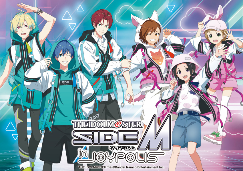6+boys amamine_shu baseball_cap belt blonde_hair blue_hair bracelet brown_hair c.first_(idolmaster) child fake_tail fingernails green_hair hanazono_momohito hat himeno_kanon hood hoodie idol idolmaster idolmaster_side-m jewelry legs logo long_sleeves male_focus mayumi_eishin mofumofuen_(idolmaster) mole mole_under_eye multicolored_hair multiple_boys non-web_source official_art okamura_nao one_eye_closed open_mouth pants pink_shoes red_hair sheep_print shoes shorts smile star_(symbol) tachibana_shiro_(idolmaster) tail teeth upper_teeth_only white_hoodie wolf_hood wolf_print zipper