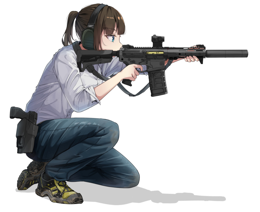 1girl aiming ar-15 assault_rifle blue_eyes brown_hair denim earmuffs full_body gun h&amp;k_mark_23 hair_between_eyes handgun heckler_&amp;_koch highres holding holding_gun holding_weapon holster holstered kneeling looking_to_the_side match_grade match_grade_firearm match_grade_pistol offensive_handgun on_one_knee original pants ponytail rifle shadow shirt shoes simple_background sleeves_rolled_up sneakers solo suppressor tamusuguru weapon white_background white_shirt