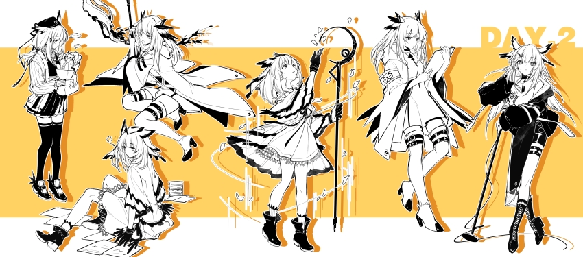 1girl absurdres ambience_synesthesia arknights armband black_gloves book book_stack boots dress elite_ii_(arknights) expressionless feather_hair fy_fei_xiao_ya gloves hair_ornament hairclip hat high_heel_boots high_heels highres holding holding_microphone_stand holding_staff limited_palette long_hair long_sleeves magic microphone microphone_stand official_alternate_costume on_floor owl_girl paper pointy_hair ptilopsis_(ambience_synesthesia)_(arknights) ptilopsis_(arknights) ptilopsis_(elite_ii)_(arknights) ptilopsis_(serenity)_(arknights) rhine_lab_logo skirt staff thigh_boots thighhighs two-tone_gloves vintage_microphone wide_sleeves