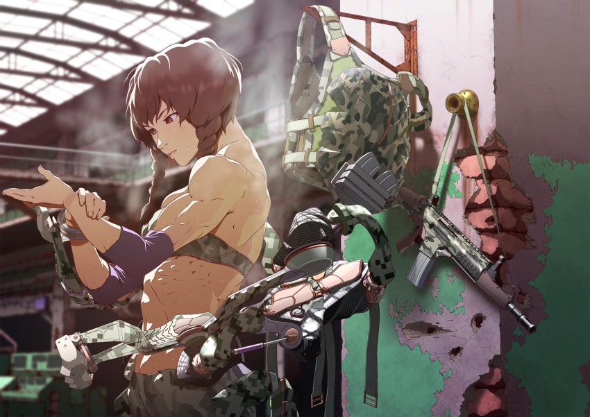1girl 5pb. abs amane_suzuha arm_warmers assault_rifle backpack bag body_armor bra braid brown_eyes brown_hair camouflage dust exoskeleton expressionless female_focus fn_scar gun gun_sling highres looking_down magazine_(object) magazine_(weapon) mko_(artist) muscular muscular_female muzzle_device nitroplus pants rifle science_adventure short_hair short_hair_with_long_locks solo steins;gate sweat twin_braids underwear upper_body vest weapon wrist_cuffs