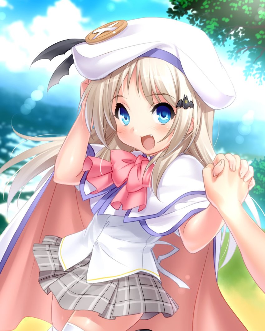 1girl 1other beret blonde_hair blue_eyes blue_sky bow cape cloud commentary_request cowboy_shot day dress fang grey_skirt hat highres holding_hands kud_wafter little_busters! long_hair looking_at_viewer noumi_kudryavka open_mouth outdoors pink_bow plaid_clothes plaid_skirt pleated_dress school_uniform shirt skirt sky smile thighhighs white_cape white_headwear white_shirt zen