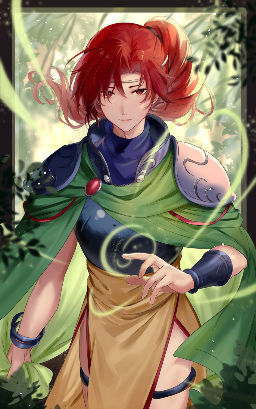 1boy armor breastplate cape circlet commission fire_emblem fire_emblem_gaiden green_cape haru_(nakajou-28) highres looking_at_viewer luthier_(fire_emblem) nintendo outdoors pauldrons pixiv_commission ponytail red_eyes red_hair shoulder_armor smile solo wind
