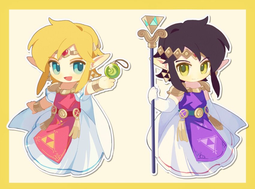 2boys :d armor belt black_hair blonde_hair blue_eyes border bracelet cape chibi circlet closed_mouth commentary commentary_request cosplay dress earrings elbow_gloves full_body gem gloves green_eyes highres holding holding_staff jewelry link long_dress looking_at_viewer male_focus medium_hair mmmaki_0 multiple_boys nintendo open_mouth outline pauldrons pink_tabard pointy_ears princess_hilda princess_hilda_(cosplay) princess_zelda princess_zelda_(cosplay) puffy_short_sleeves puffy_sleeves purple_tabard ravio red_gemstone short_hair short_sleeves shoulder_armor shoulder_pads sidelocks sleeveless sleeveless_dress smile staff tabard tassel the_legend_of_zelda the_legend_of_zelda:_a_link_between_worlds triforce tunic white_cape white_dress white_gloves white_outline yellow_background yellow_border yellow_eyes