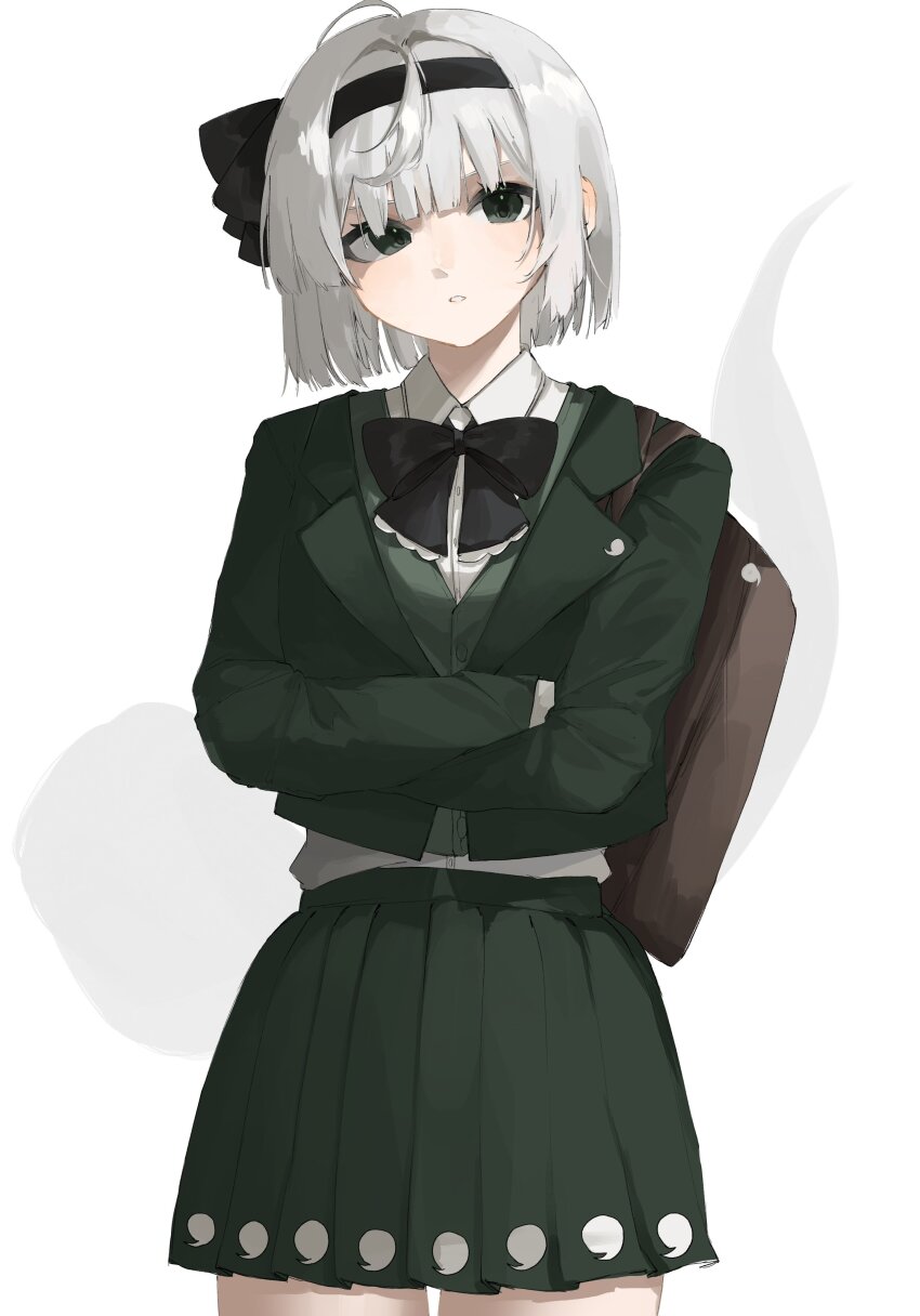 1girl absurdres adapted_costume black_bow black_bowtie black_hairband bow bowtie brown_bag collared_shirt commentary_request crossed_arms green_eyes green_jacket green_skirt grey_hair hairband highres hitodama hitodama_print jacket konpaku_youmu konpaku_youmu_(ghost) looking_at_viewer momomo_twi pleated_skirt school_uniform shirt skirt skirt_set solo touhou vest white_shirt