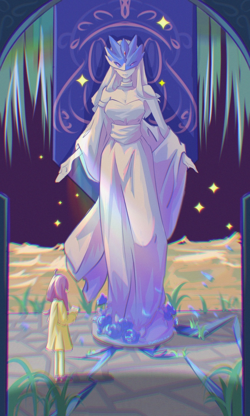 1girl absurdres beelstarmon digimon digimon_xros_wars flower goddess_(digimon_xros_wars) highres long_hair mask solo sparkle statue