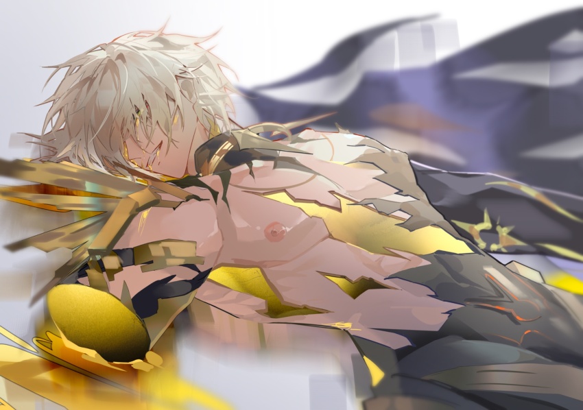 1boy alternate_form bare_pectorals black_wings blonde_hair blood blood_from_mouth blood_on_face cracked_skin hair_between_eyes hashtag-only_commentary highres honkai:_star_rail honkai_(series) lying male_focus material_growth missing_limb on_back pectorals phainon_(honkai:_star_rail) phainon_(khaslana)_(honkai:_star_rail) renjian85537597 short_hair single_wing solo wings yellow_blood