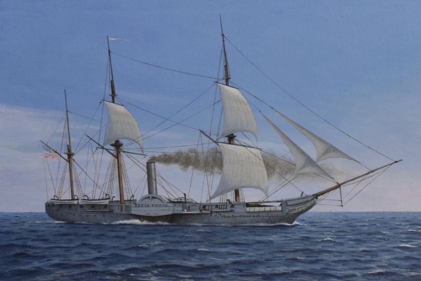 acrylic_paint_(medium) american_flag atelier_bono frigate highres mast military_vehicle no_humans ocean original paddle_wheel painting_(medium) sail sailing_ship ship sky smoke smokestack traditional_media united_states_navy uss_mississippi_(1841) vehicle_focus warship watercraft