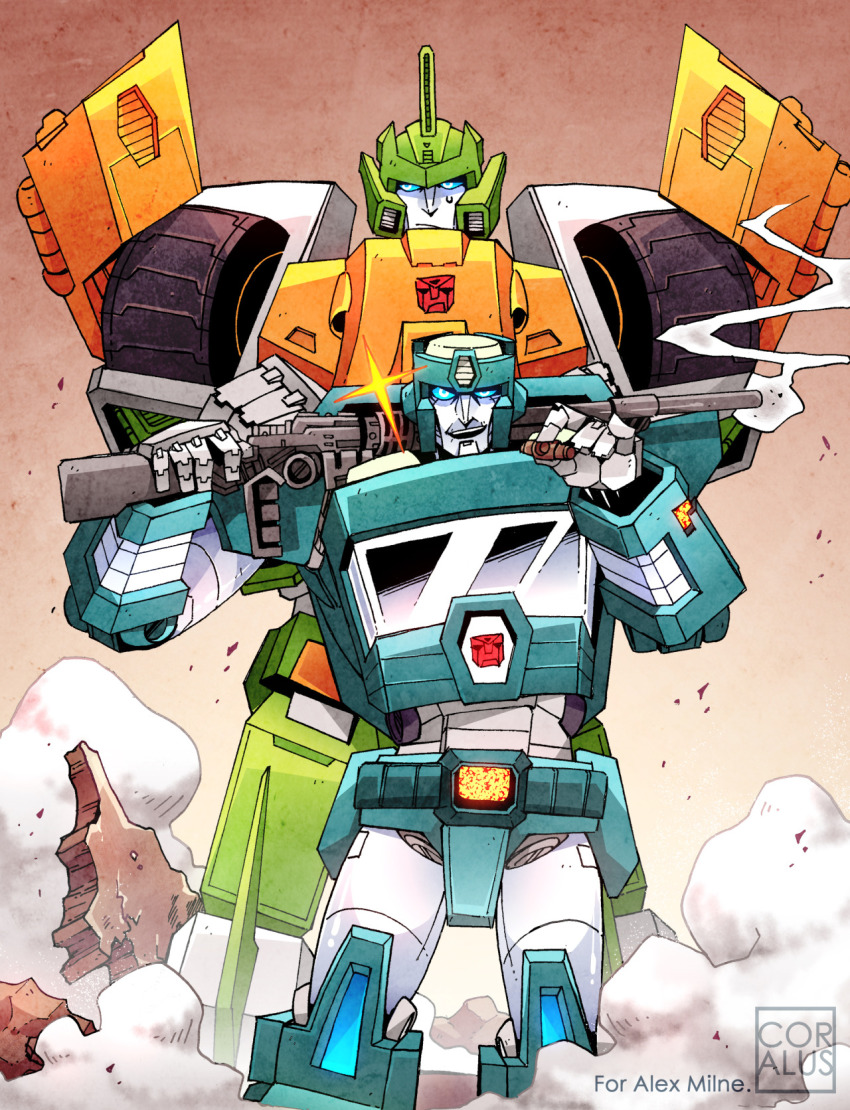 2boys annoyed autobot cigar coralus gradient_background gun highres kup_(transformers) mecha multiple_boys rifle robot science_fiction springer_(transformers) transformers weapon