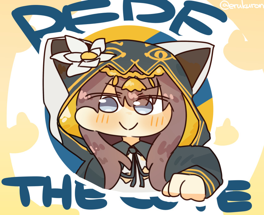 1girl animal_ear_hood animal_ears arknights black_hood blue_eyes brown_hair cat_ears cat_girl character_name chibi english_text fake_animal_ears flower highres hood lcron looking_at_viewer pepe_(arknights) smile solo upper_body