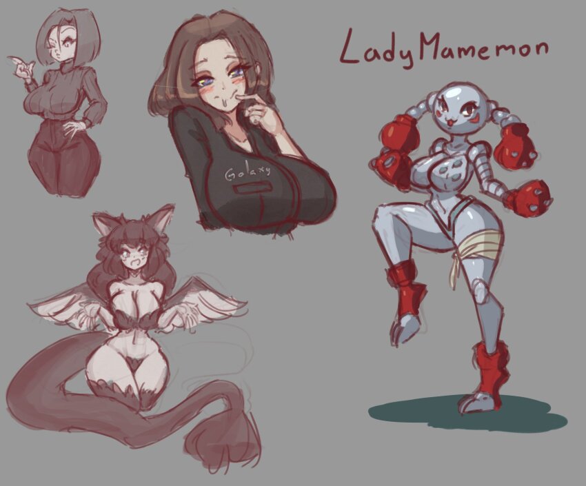 bandages blush boxing_gloves breasts digimon digimon_(creature) happy highres large_breasts looking_at_viewer mamemon original samsung samsung_sam shadow smile tail wings