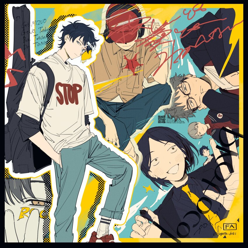 4boys :d absurdres baseball_cap black_hair black_jacket black_shirt blue_eyes blue_pants blue_sky blush brown_shirt character_name clip_studio_paint_(medium) closed_mouth clothes_writing collared_shirt dress_shirt elbow_on_knee eyebrow_cut foot_out_of_frame futsuu_no_keion-bu grey_hair group_name guitar_case hand_on_own_face hands_in_pockets hat head_tilt headphones highres holding holding_marker hood hood_down hoodie indian_style instrument_case instrument_case_on_back instrument_on_back jacket layered_sleeves letterman_jacket making-of_available male_focus marker mizuo_haruichi multiple_boys multiple_views necktie open_mouth outline pants parted_bangs print_shirt protocol._(futsuu_no_keion-bu) qr_code red_hat red_shoes shirt shoes short_hair sitting sky smile socks spiked_hair sugata_dski t-shirt taguchi_ryuuya takami_kouki tohno_gen twitter_username v-shaped_eyebrows watermark white_outline white_shirt yellow_necktie