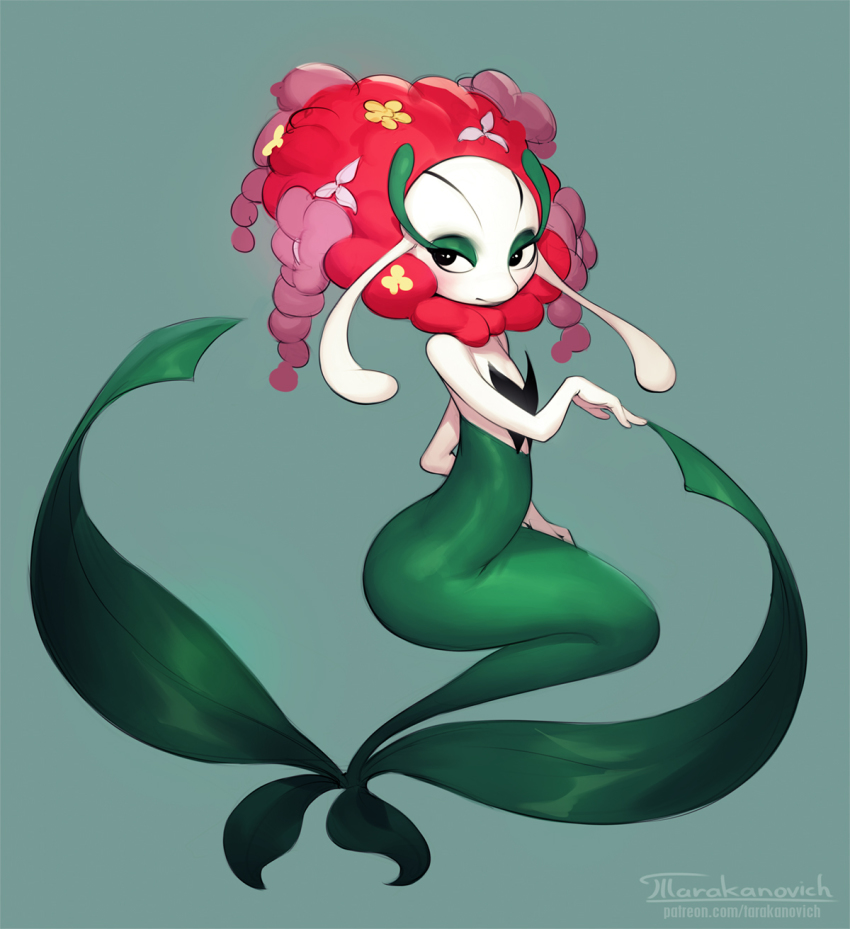 1girl blush fairy florges florges_(red_flower) flower gen_6_pokemon green_background half-closed_eyes highres monster_girl nintendo no_humans plant_girl pokemon solo tarakanovich