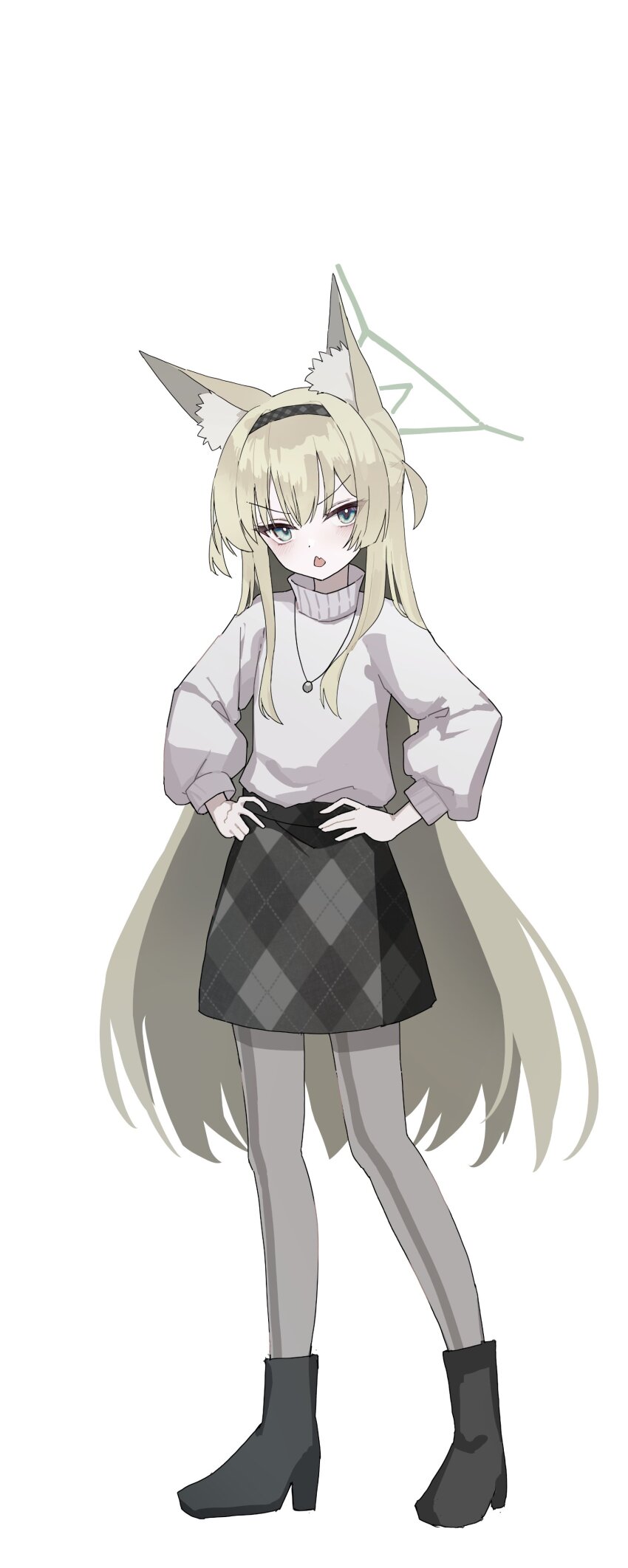 1girl absurdres alternate_costume animal_ear_fluff animal_ears black_skirt blonde_hair blue_archive degite female_focus fox_ears fox_girl full_body green_eyes grey_shirt halo hands_on_own_hips highres inaba_reito kurumi_(blue_archive) long_hair long_sleeves looking_at_viewer open_mouth puffy_long_sleeves puffy_sleeves shirt simple_background skirt solo standing turtleneck turtleneck_shirt v-shaped_eyebrows very_long_hair white_background yellow_halo
