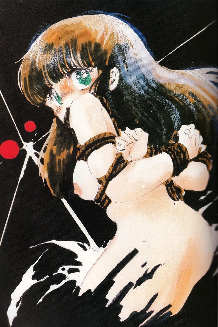1980s_(style) 1girl ass bdsm bondage bound brown_hair cream_lemon escalation gagged green_eyes highres komatsuzaki_rie long_hair nipples non-web_source nude official_art oldschool retro_artstyle rope scan shibari shingyouji_tatsuya solo traditional_media