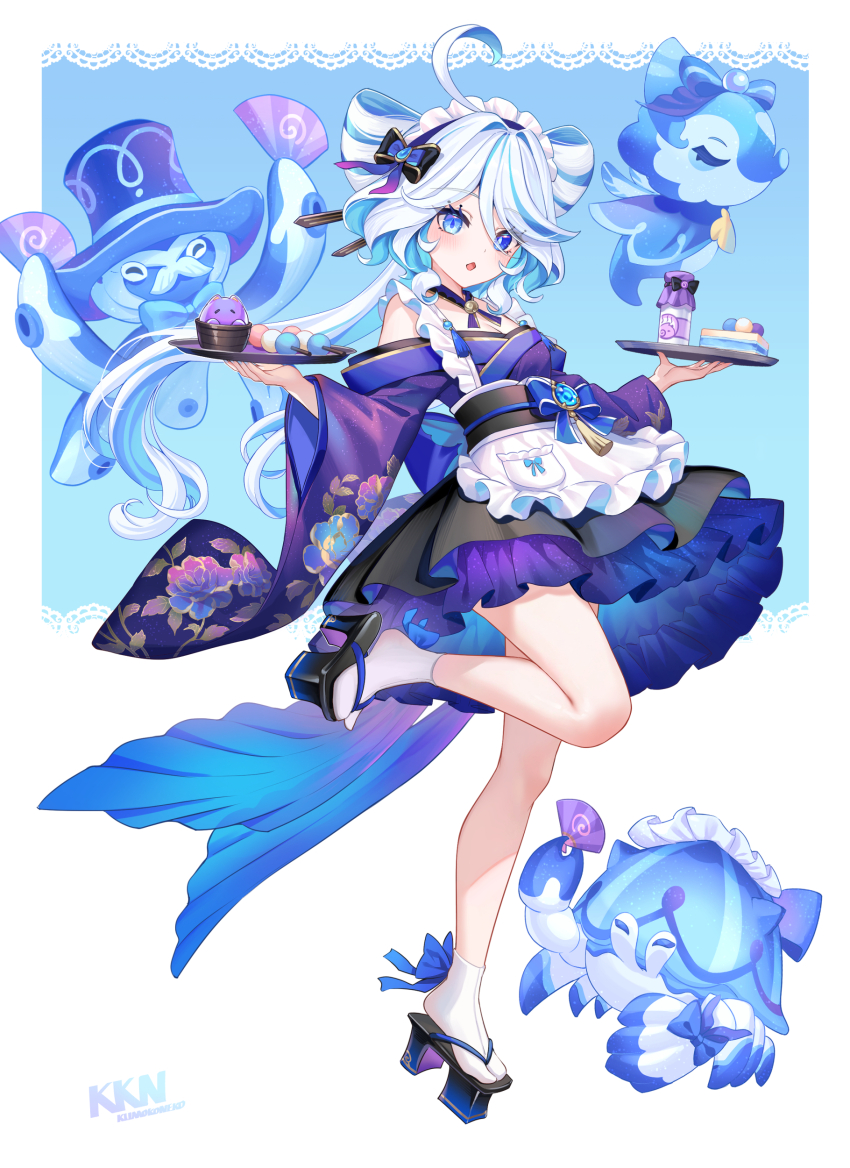 1girl absurdres alternate_costume alternate_hairstyle bare_shoulders black_sandals blue_eyes blue_hair breasts cleavage drop-shaped_pupils full_body furina_(genshin_impact) genshin_impact gentilhomme_usher hair_between_eyes heterochromia highres lalazyt long_hair long_sleeves looking_at_viewer mademoiselle_crabaletta mismatched_pupils multicolored_hair off_shoulder parted_lips sandals simple_background socks solo standing standing_on_one_leg surintendante_chevalmarin symbol-shaped_pupils tabi white_background white_hair white_socks wide_sleeves