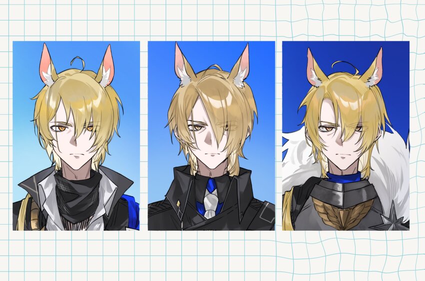 1boy age_progression animal_ears arknights armor black_jacket black_scarf black_shirt blonde_hair blue_background collared_shirt frown fur_collar gradient_background grid_background hair_over_one_eye highres horse_ears jacket looking_at_viewer male_focus mlynar_(arknights) mlynar_(roar_against_the_wild)_(arknights) mlynar_(w_dali)_(arknights) necktie scarf serious shirt simple_background straight-on white_background white_necktie yakota_(usuk-yako) yellow_eyes