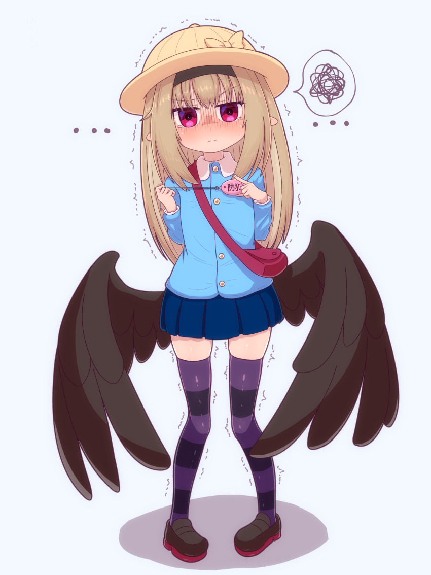 1girl absurdres bag black_boots blonde_hair blue_shirt blue_skirt boots crime_prevention_buzzer dark_feather_alma emil_chronicle_online hat highres kindergarten_uniform long_hair pointy_ears purple_thighhighs red_eyes rna0 scared school_hat shirt shoulder_bag skirt standing striped_clothes striped_thighhighs tearing_up thighhighs trembling
