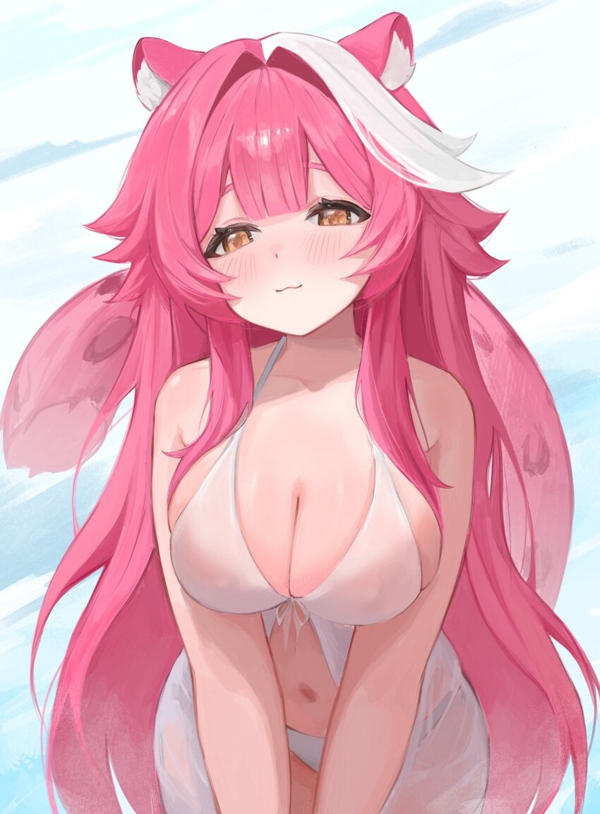 1girl :3 animal_ears bare_shoulders bikini blue_sky blush breasts cleavage closed_mouth cloud cloudy_sky collarbone commentary day hair_intakes hashtag-only_commentary highres hololive hololive_english kiiume0 large_breasts long_hair navel panther_ears panther_girl panther_tail pink_hair raora_panthera sky smile solo stomach swimsuit tail thighs virtual_youtuber white_bikini yellow_eyes