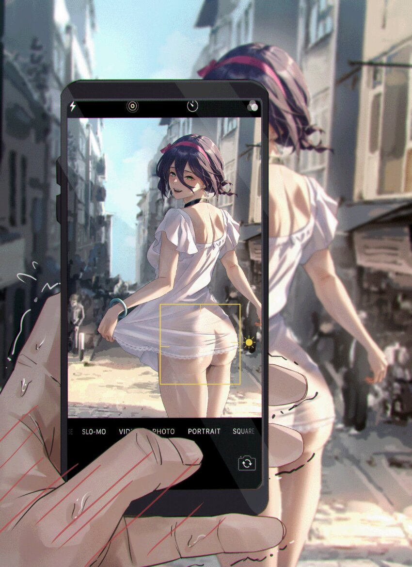 1girl :d ass black_choker blush cellphone_photo chainsaw_man choker clothes_lift commentary cowboy_shot dress dress_lift earrings english_commentary from_behind green_eyes hair_ribbon highres holding holding_phone jewelry lifting_own_clothes looking_at_viewer open_mouth outdoors phone pov pov_hands public_indecency public_nudity reze_(chainsaw_man) ribbon see-through_clothes short_hair short_sleeves smile smug solo_focus taking_picture tight_(ohmygod) viewer_holding_phone wet white_dress
