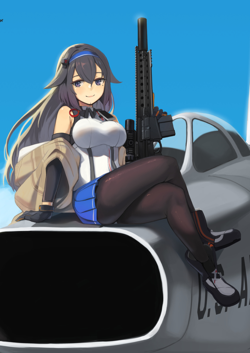 1girl aircraft airplane bare_shoulders black_hair blush breasts crossed_legs detached_sleeves f-100 girls&#039;_frontline gloves hair_flaps highres jet kion-kun large_breasts long_hair mole mole_under_eye pantyhose pleated_skirt shoes sidelocks sitting skirt sleeveless smile solo super_sass super_sass_(girls&#039;_frontline) thighs very_long_hair
