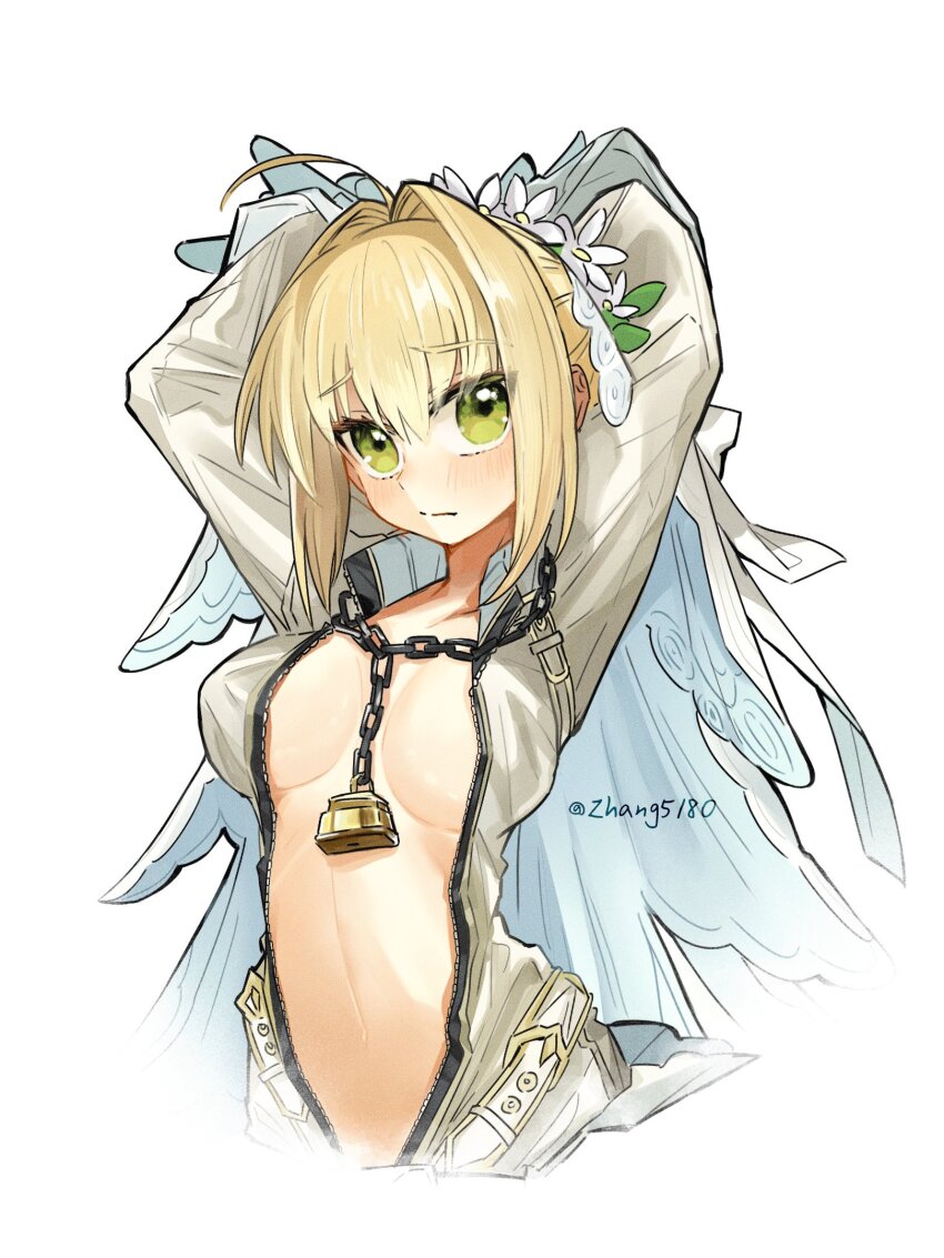 1girl arms_behind_head arms_up bare_pectorals belt blonde_hair blush bodysuit breasts fate/extra fate_(series) green_eyes hair_between_eyes highres large_breasts laurel_crown leotard lock looking_at_viewer loose_belt nero_claudius_(bride)_(fate) nero_claudius_(fate) nero_claudius_(fate/extra) padlock padlocked_collar pectorals simple_background solo white_background white_bodysuit white_leotard white_sleeves wreath zhang5180 zipper