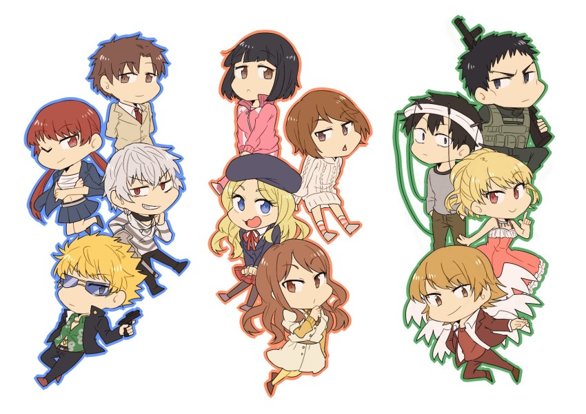 6+boys 6+girls accelerator_(toaru_majutsu_no_index) artist_request beret black_eyes black_hair blonde_hair blue_eyes brown_eyes brown_hair chibi etzali frenda_seivelun gokusai_kaibi gun hat highres kakine_teitoku kinuhata_saiai mugino_shizuri multiple_boys multiple_girls musujime_awaki one_eye_closed pink_eyes red_eyes red_hair rifle sunazara_chimitsu sunglasses takitsubo_rikou toaru_majutsu_no_index tsuchimikado_motoharu twintails weapon white_hair wink yobou_banka