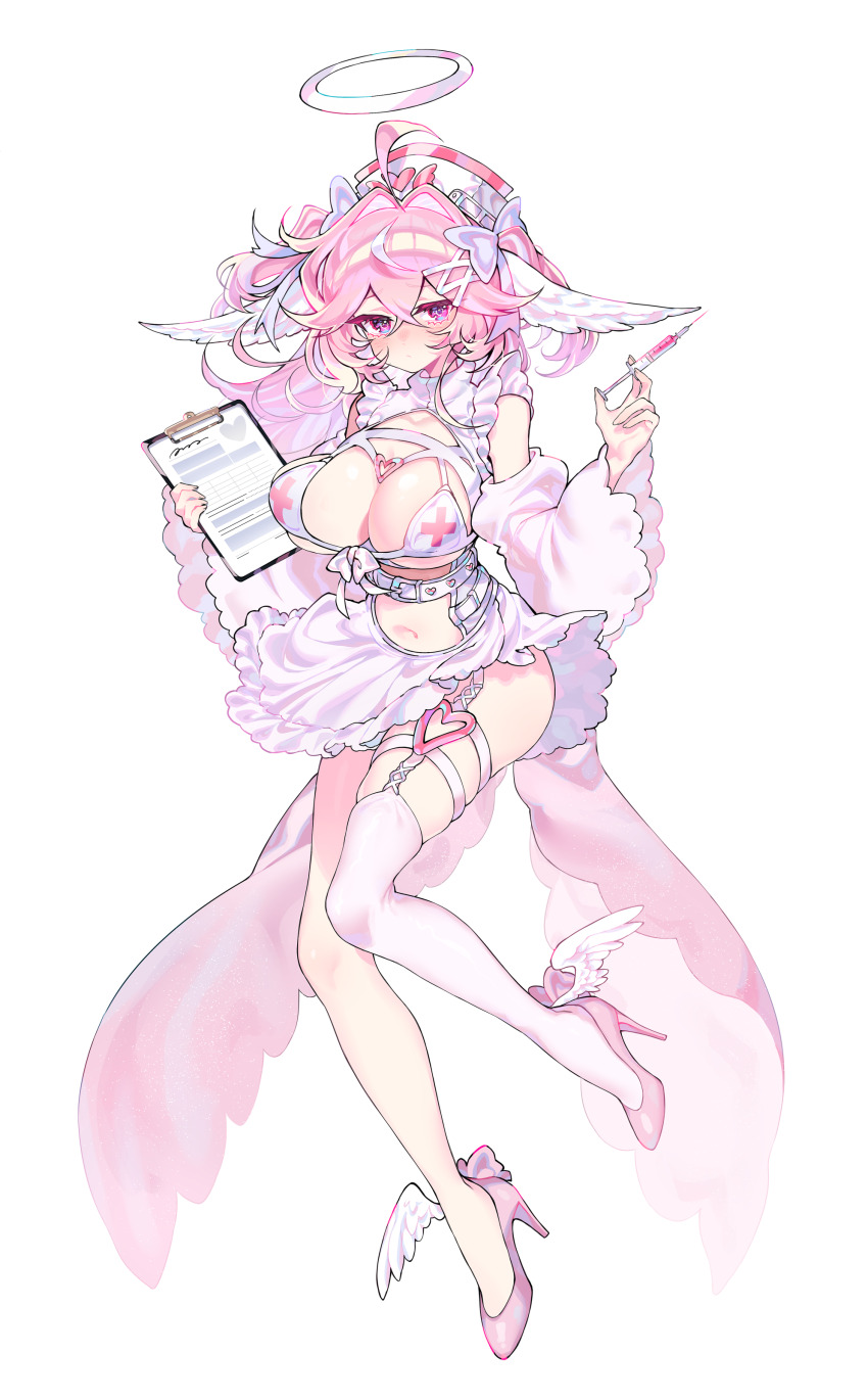 1girl absurdres ahoge belt blush breasts commentary crossed_bangs detached_sleeves garter_straps hair_between_eyes hair_intakes hair_ornament hairclip halo hat head_wings heart_ring_strap high_heels highres holding holding_notepad holding_syringe large_breasts long_hair looking_at_viewer navel notepad nurse nurse_cap original pink_eyes pink_hair pink_shoes savi_(byakushimc) shoes simple_background single_bare_leg single_garter_strap single_thighhigh skindentation solo syringe thigh_strap thighhighs white_background white_thighhighs wide_sleeves winged_shoes wings x_hair_ornament
