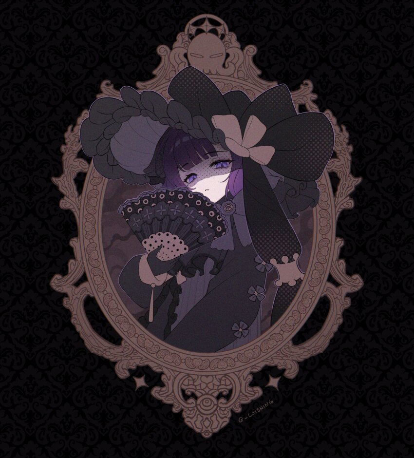 1girl alternate_costume black_background black_bonnet black_dress black_gloves black_hat black_veil bonnet bow commentary_request dress dress_bow dress_flower flower frilled_dress frills gloves hand_fan hat highres holding holding_fan hololive loisning long_sleeves looking_at_viewer ninomae_ina&#039;nis parted_lips picture_frame pleated_dress purple_eyes purple_hair simple_background sleeves_past_wrists solo twitter_username upper_body veil virtual_youtuber