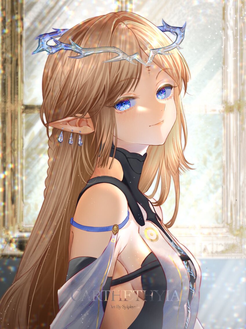 1girl artist_name bare_shoulders black_collar blonde_hair blue_eyes breasts cartethyia_(wuthering_waves) character_name closed_mouth collar commentary crown_of_thorns earrings english_commentary from_side highres jewelry light_blush long_hair looking_at_viewer looking_to_the_side parted_bangs pointy_ears sidelocks small_breasts smile solo sylphynia tacet_mark_(wuthering_waves) window wuthering_waves