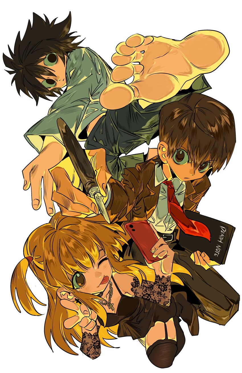 1girl 2boys absurdres amane_misa barefoot black_dress black_hair blonde_hair breasts brown_hair brown_jacket death_note death_note_(object) dress empty_eyes highres holding holding_pen jacket kicking l_(death_note) multiple_boys necktie pen red_necktie simple_background tongue two_side_up white_background xi_luo_an_ya yagami_light